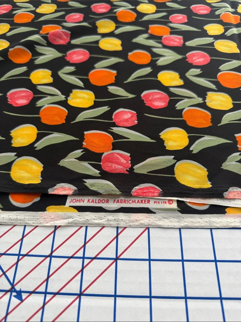Vintage John Kaldor Fabric 1980s Tulip Floral Black Dress Fabric 3 Yards x 44